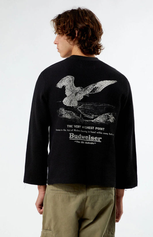 Model wearing Budweiser Old Reliable Thermal Long Sleeve T-Shirt