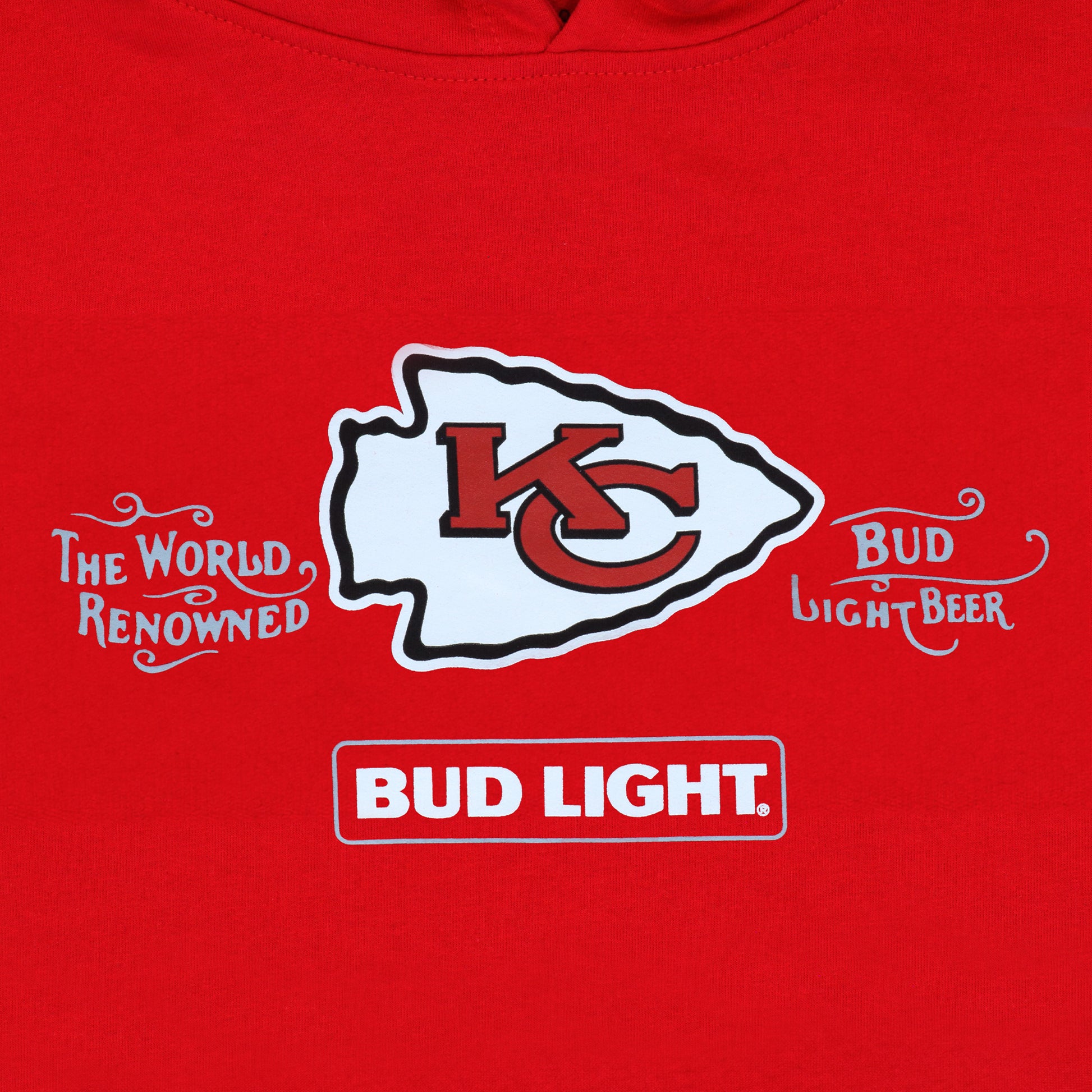 Close up of design on Bud Light Mitchell & Ness KC Chiefs hoodie