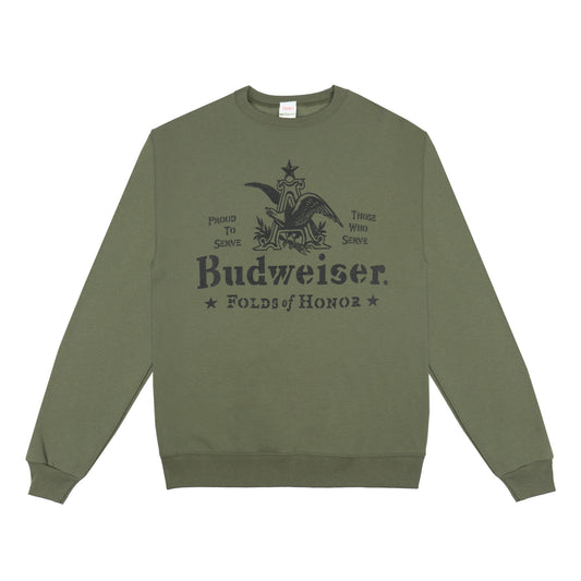 Front view of Budweiser Folds of Honor Stencil Sweatshirt in olive green