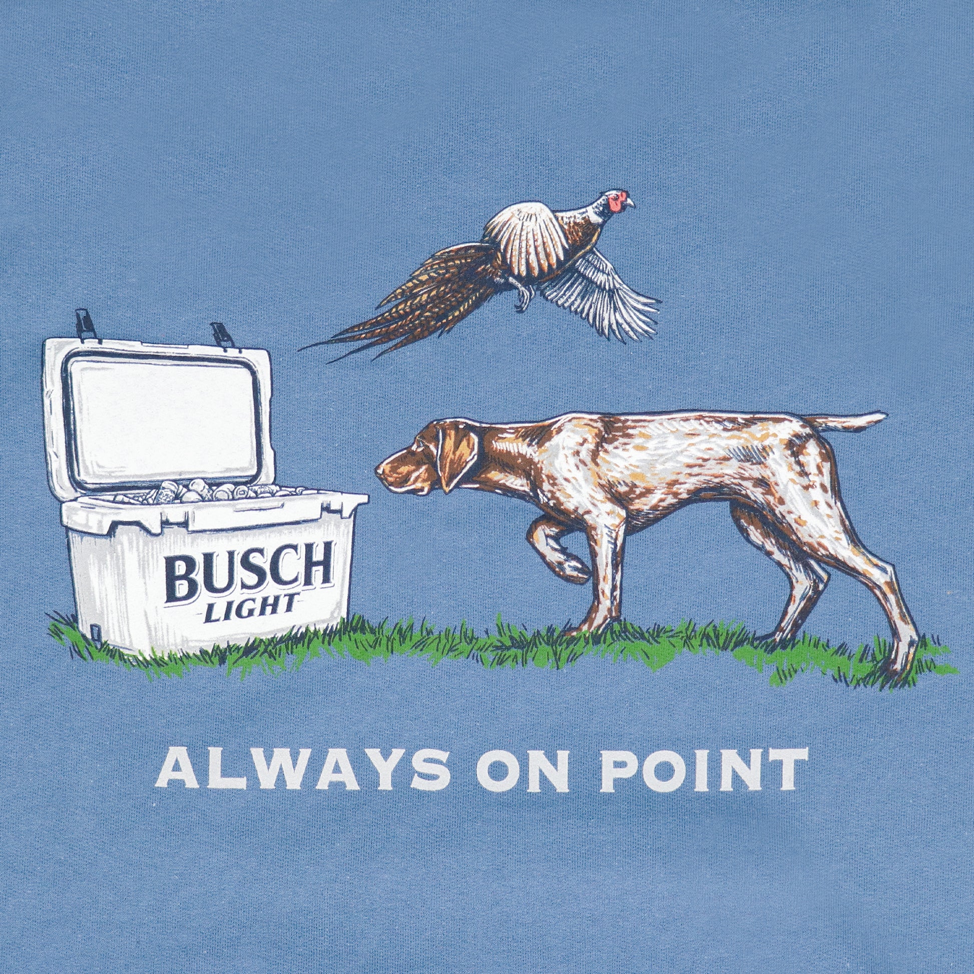 Close-up of back graphic, featuring a dog, cooler, and wild turkey.