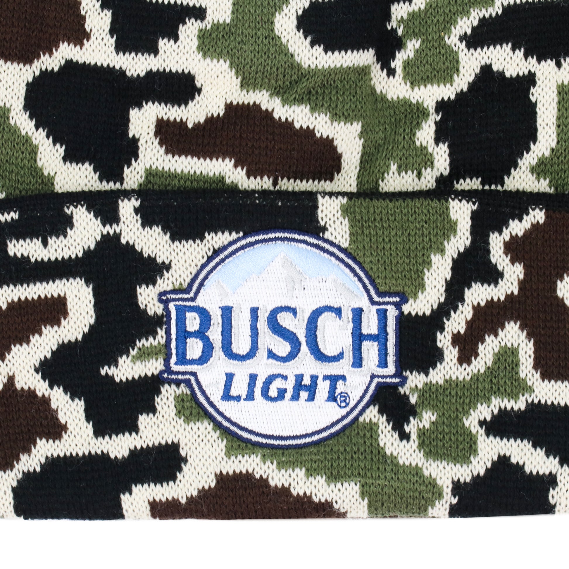 Close up of Busch Light Camo hunting beanie