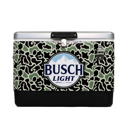 Front view of Busch Light hunting camo cooler