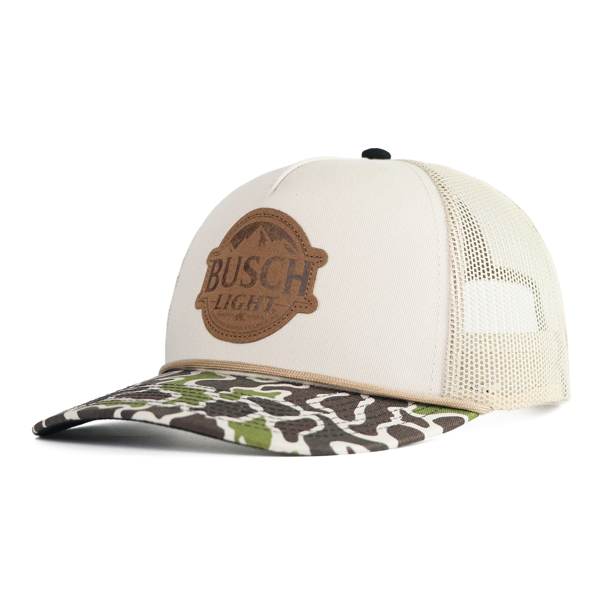 Front view of Busch Light camo hunting hat