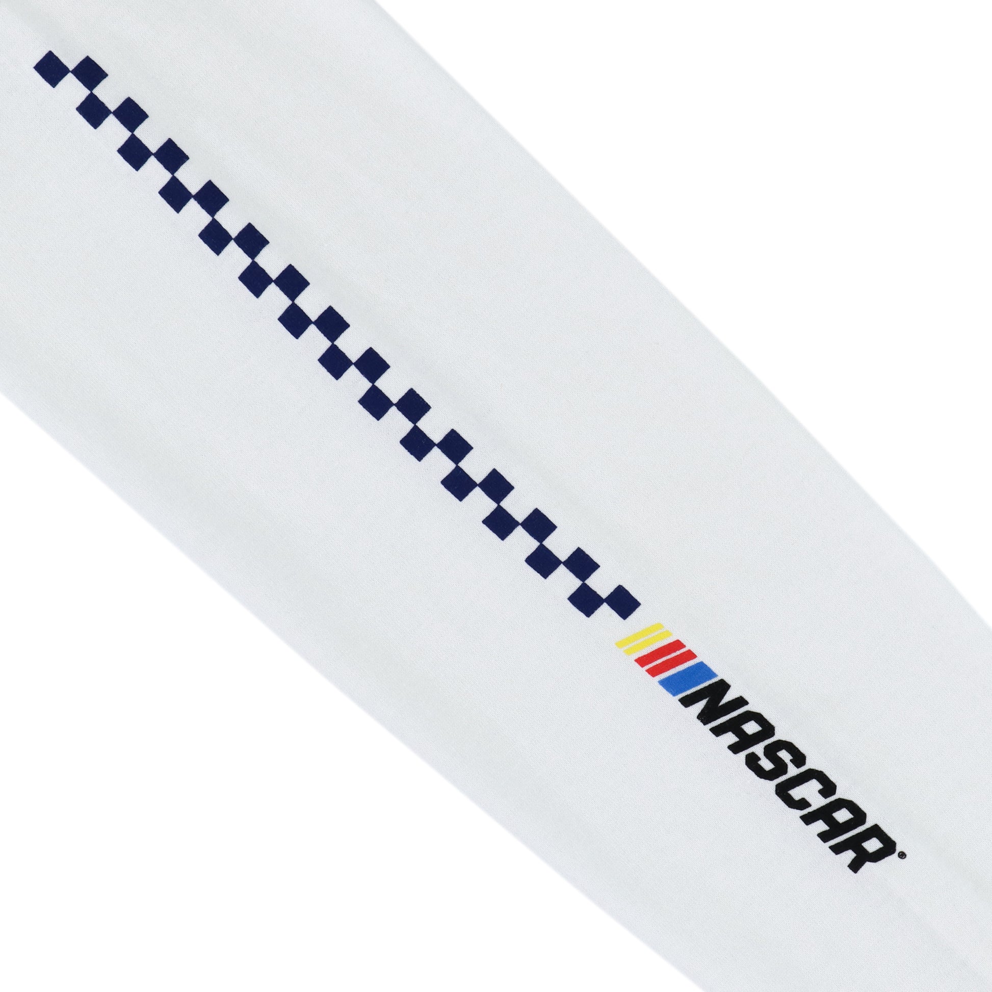 Close up of Nascar branded sleeve with checkered flag