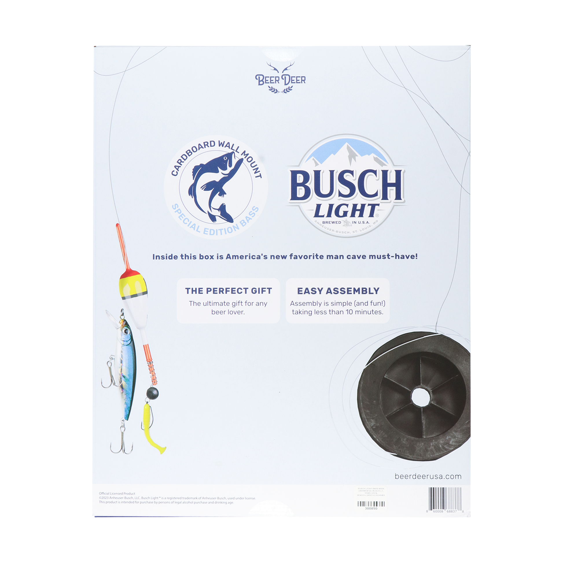 Back view of packaging for Busch Light Tackle Box Bass Wall Mount