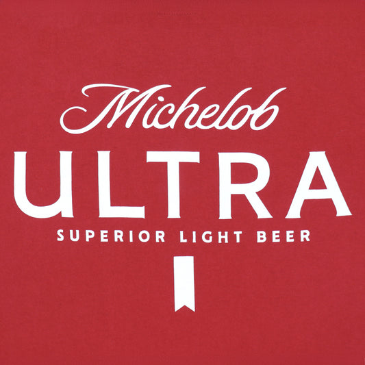 Close up of Michelob ULTRA Essentials Red T-Shirt front logo