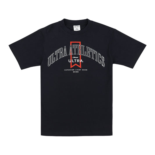 Front view of ULTRA Athletics navy t-shirt