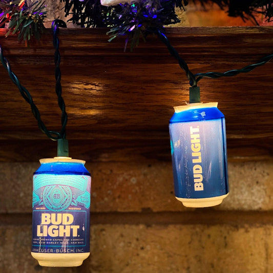 Lit Bud Light Can Light Hanging on Mantle